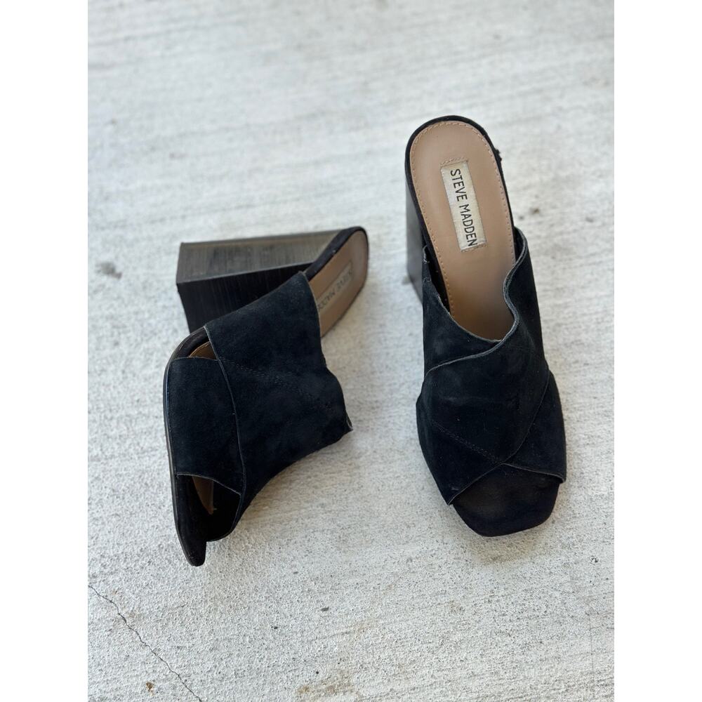 Steve Madden Women’s 9M Kristal Black Leather Suede Slip On Sandals Chunky Heels - Picture 5 of 8